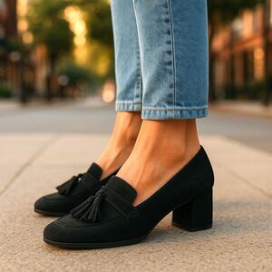J. Jill Kylie Black Suede Leather Fringe Tassel Loafer Block Heel Pumps Womens 9